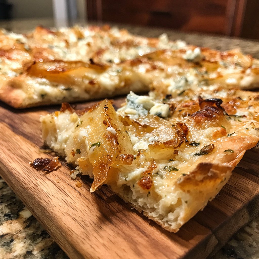 Flammkuchen mit Birne und Blauschimmelkäse